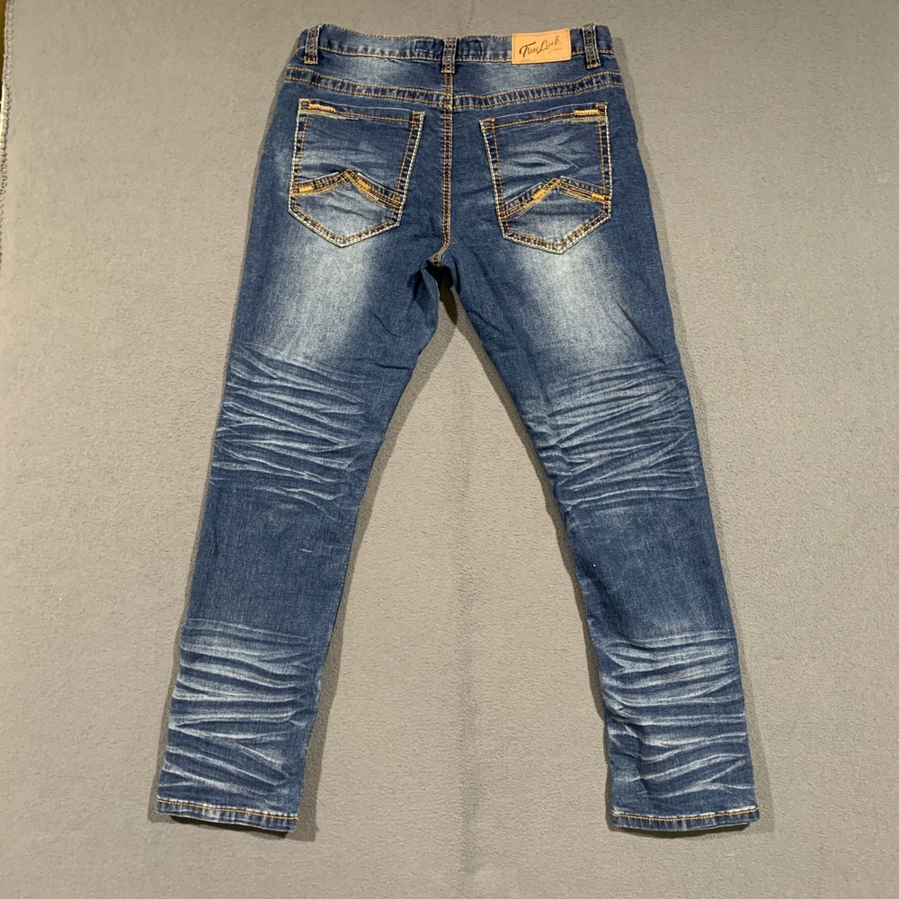True Luck Slim Straight Jeans Mens 32x30 Medium Wash Whiskered Denim Blue